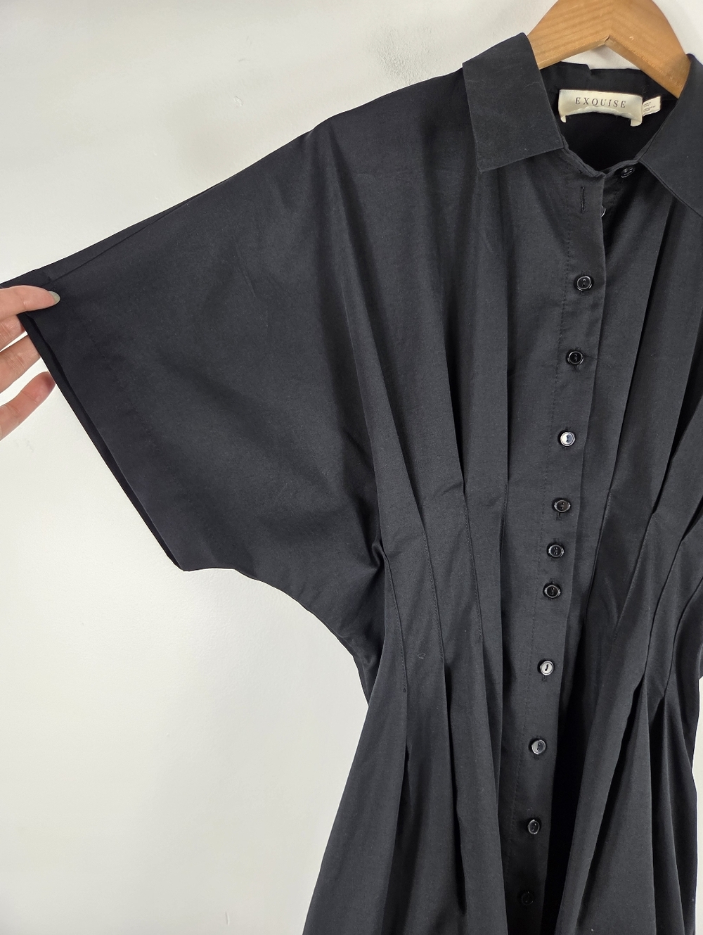 Anthro Exquise Tobie Button Up Pintuck Kimono Sleeve Fit & Flare Shirt Dress - Picture 4 of 14